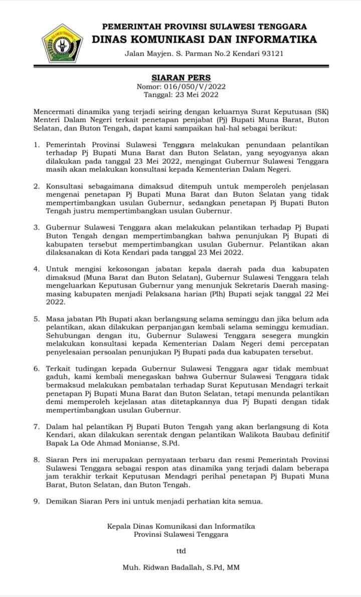 Siaran pers, pemprov sultra, ridwan badallah, kominfo sultra, ali mazi, pj bupati busel, pj bupati mubar, buton selatan, muna barat