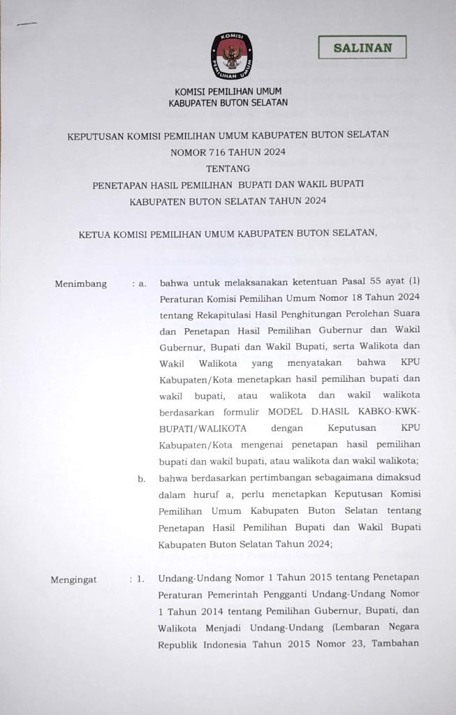Salinan Sk Penetapan Pemilihan Bupati & Wakil Bupati Buton Selat