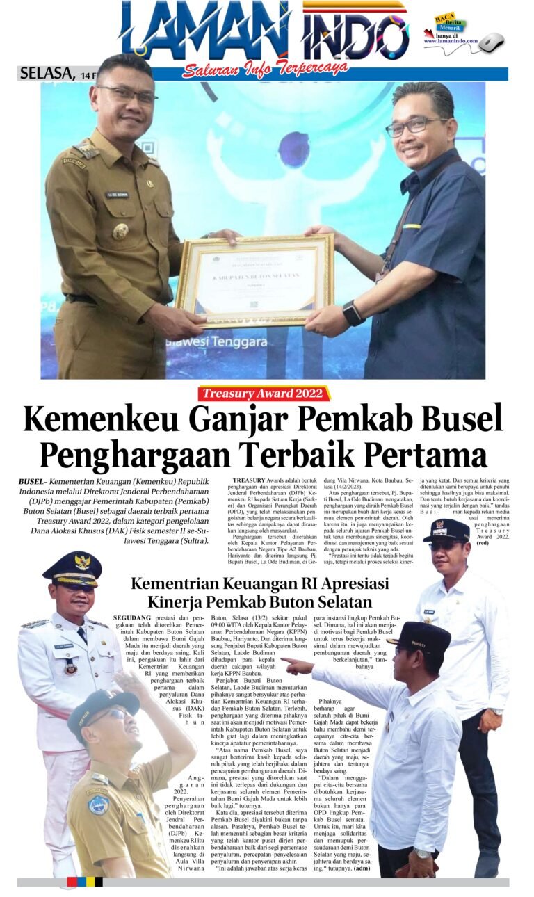Treasury Award 2022, Kemenkeu Ganjar Pemkab Busel Penghargaan Terbaik Pertama