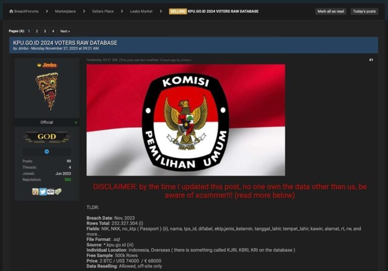 Data Pemilih KPU RI Diduga Bocor Dibobol Hacker