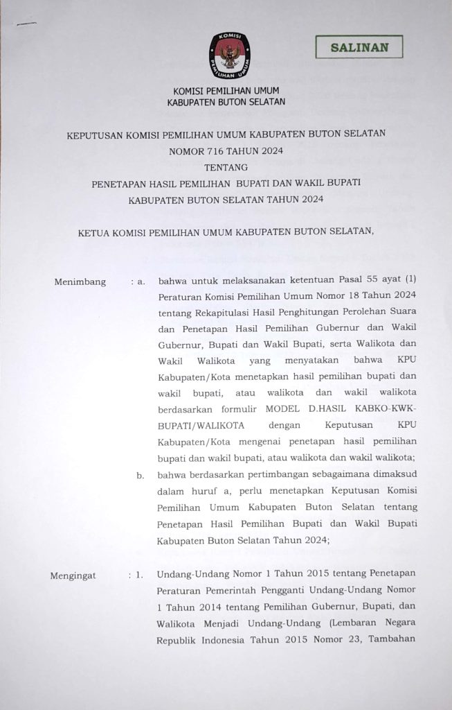 Salinan Sk Penetapan Pemilihan Bupati & Wakil Bupati Buton Selat