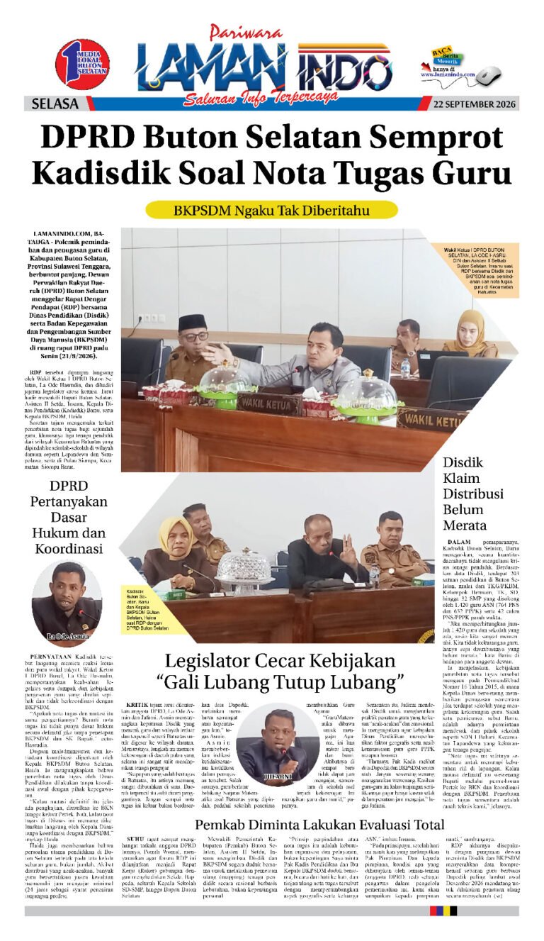 DPRD Buton Selatan Semprot Kadisdik Soal Nota Tugas Guru